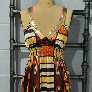 Silky satin orange, rust top with gold embellishments, sleeveless, high waist